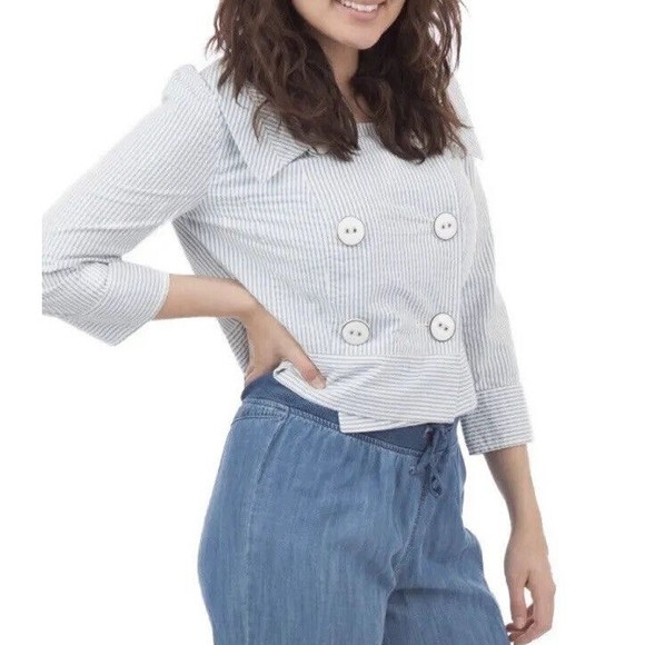 Daughters of the Liberation anthro striped Jacket Seersucker Crop buttons blue - Picture 3 of 11